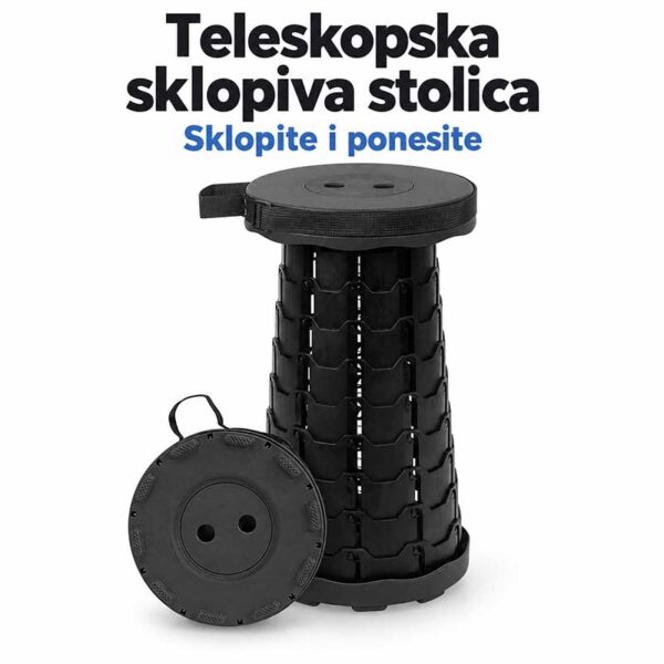 Crna teleskopska sklopiva stolica u rasklopljenom i sklopljenom stanju