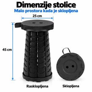 Crna teleskopska sklopiva stolica visine 45 cm i prečnika sedišta 25 cm