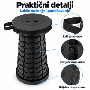 Kaiš za nošenje, mehanizam zaključavanja visine i reljefna donja strana teleskopske stolice
