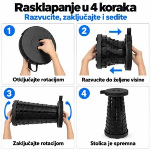 Rasklapanje i zaključavanje crne teleskopske sklopive stolice u četiri koraka