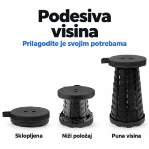 Crna teleskopska stolica prikazana sklopljena, na nižem položaju i u punoj visini