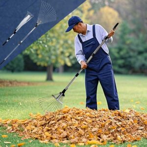 Teleskopske grabulje za lišće sa podesivom širinom i dužinom, prikaz funkcionalnosti i upotrebe u dvorištu