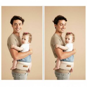 Tata nosi dete okrenuto ka sebi na ergonomskom pojasu za nošenje beba sa stabilnim sedištem