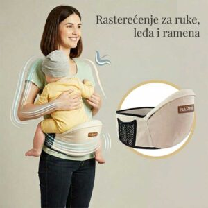 Mama nosi bebu uz pomoć pojasa za nošenje beba sa ergonomskim sedištem i stabilnom podrškom