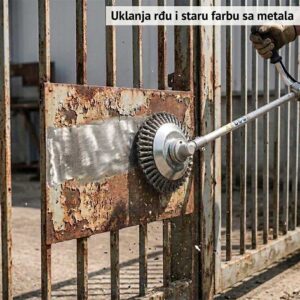 Uklanjanje rđe i stare farbe sa metalne površine pomoću čelične četke za trimer