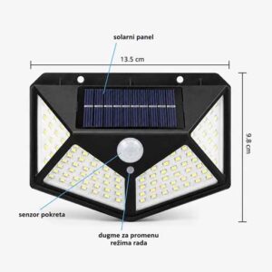 Dimenzije solarne LED lampe sa solarnim panelom senzorom pokreta i dugmetom za režime rada