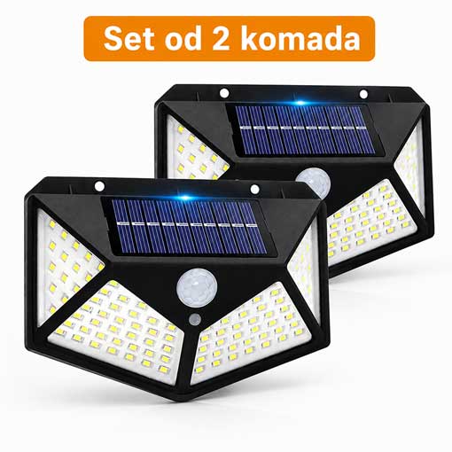 Solarna LED lampa sa 100 LED dioda i širokim osvetljenjem – set 2 komada