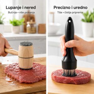 Poređenje klasičnog čekića za meso i tučka sa iglama za urednije omekšavanje mesa
