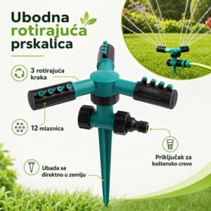 Ubodna rotirajuća prskalica za travnjak sa 3 kraka, 12 mlaznica i priključkom za baštensko crevo
