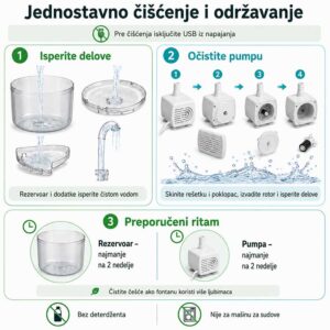 Čišćenje rezervoara, poklopca i pumpe fontane za vodu