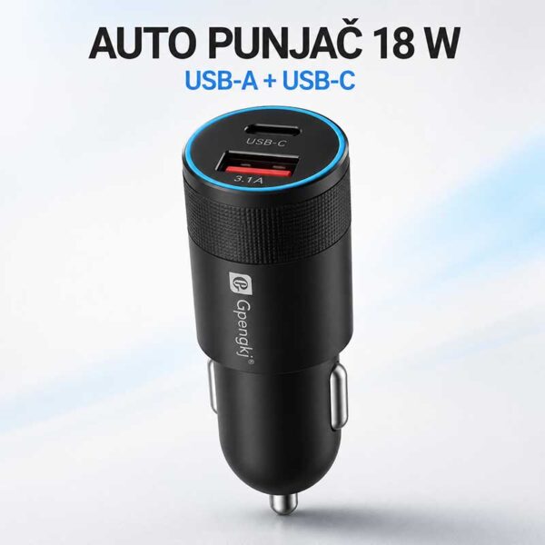 Auto punjač sa USB-A i USB-C priključkom snage 18 W