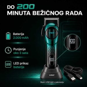 Bežična mašinica VGR V-166 na bazi za punjenje sa LED prikazom baterije i USB kablom