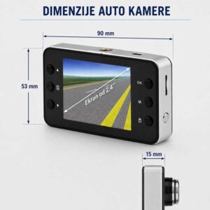 Dimenzije DVR auto kamere 90 × 53 × 15 mm sa ekranom od 2,4 inča