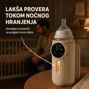 Osvetljeni prozorčić prenosivog grejača za proveru nivoa mleka tokom noćnog hranjenja