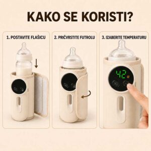 Postavljanje flašice, pričvršćivanje futrole i izbor temperature na prenosivom grejaču