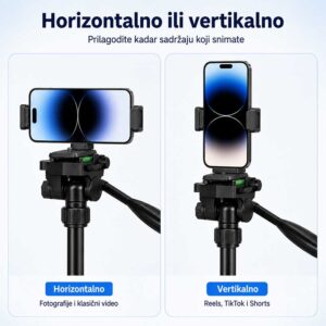 Tripod za horizontalno i vertikalno snimanje fotografija, videa, Reelsa i TikTok sadržaja