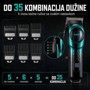 VGR V-166 sa pet položaja bočne ručice i šest nastavaka za do 35 kombinacija dužine šišanja
