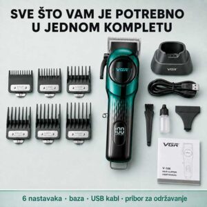 Sadržaj pakovanja VGR V-166 sa mašinicom, šest nastavaka, bazom, USB kablom i priborom za održavanje