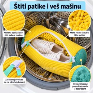 Torba za pranje patika u bubnju veš mašine, prikaz meke spoljašnjosti, unutrašnjih resica i mrežastih krajeva.