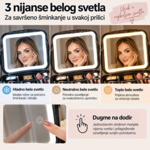 LED ogledalo nesesera za šminku sa hladnom, neutralnom i toplom nijansom belog svetla