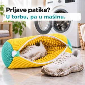 Prljave svetle patike pored otvorene torbe za pranje patika, ispred veš mašine.