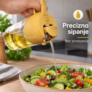 Sipanje ulja iz staklenog dozera preko sveže salate