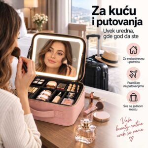 Putni neseser za šminku sa LED ogledalom tokom šminkanja na putovanju