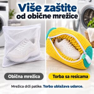 Poređenje obične mrežice za veš i žute torbe za pranje patika sa mekim unutrašnjim resicama.