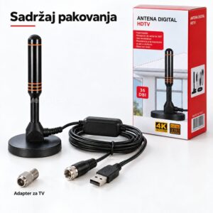 Sadržaj pakovanja: antena, kabl sa pojačalom, adapter i kutija