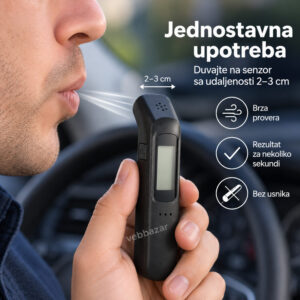 Muškarac duva prema digitalnom alkotesteru bez usnika sa udaljenosti od 2 do 3 cm.