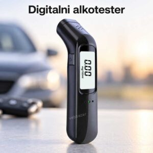 Digitalni alkotester za proveru alkohola u dahu prikazan uz automobil i ključeve.