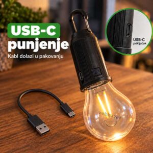 Punjiva LED kamp lampa sa USB-C punjenjem i kablom