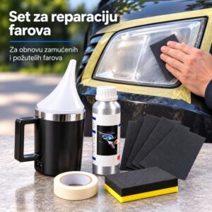 Set za reparaciju farova sa isparivačem, tečnošću i brusnim priborom, uz šmirglanje fara u pozadini