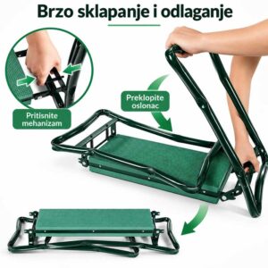Prikaz sklapanja sklopive klupe za baštenske poslove pritiskom na mehanizam i preklapanjem oslonca