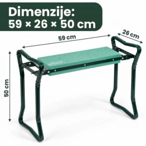 Dimenzije sklopive klupe za baštenske poslove 59 × 26 × 50 cm na svetloj pozadini