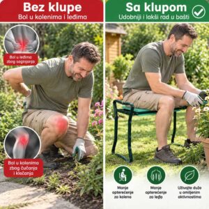 Poređenje rada u bašti bez klupe i sa sklopivom klupom za manje opterećenje kolena i leđa