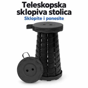 Crna teleskopska sklopiva stolica u rasklopljenom i sklopljenom stanju