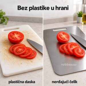 Izgrebana plastična daska i daska od nerđajućeg čelika sa isečenim paradajzom