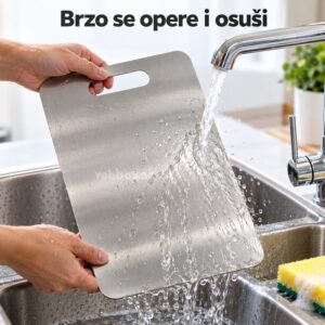 Ispiranje metalne daske za sečenje pod mlazom vode u sudoperi