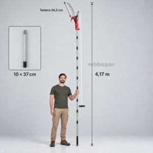 Makaze za visoke grane pored muškarca, ukupna visina 4,17 m, drška od 10 segmenata po 37 cm i testera 34,5 cm