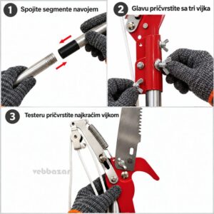 Sklapanje u tri koraka: spajanje segmenata navojem, pričvršćivanje glave sa tri vijka i testere najkraćim vijkom