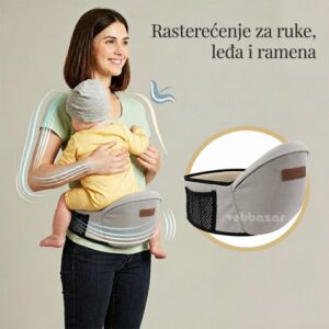 Mama nosi bebu na sivom pojasu za nošenje bebe sa sedištem