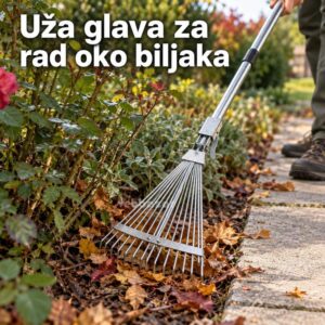 Grablje sa suženom glavom skupljaju lišće između ruža i ivice baštenske staze