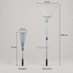Teleskopske grablje skupljene na 77 cm sa glavom od 19 cm i razvučene na 165 cm sa glavom od 52 cm