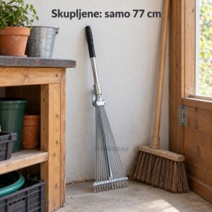 Skupljene teleskopske grablje za lišće naslonjene u uglu baštenske ostave pored metle